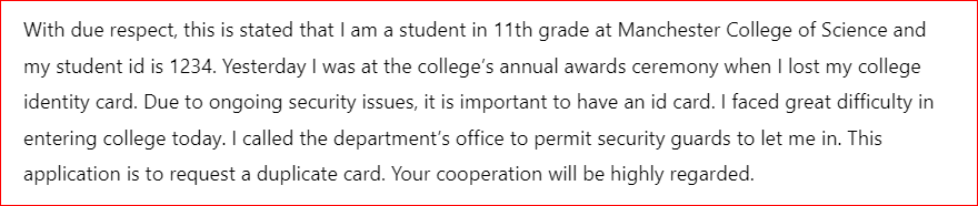 Application for Loss of College Identity Card