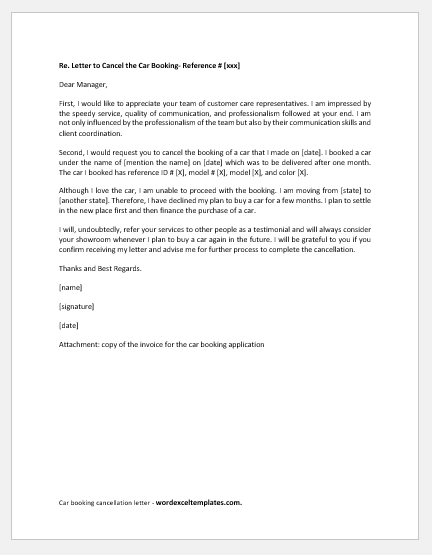 Car booking cancellation letter