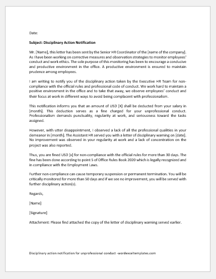 Disciplinary Action Notification for Unprofessional Conduct