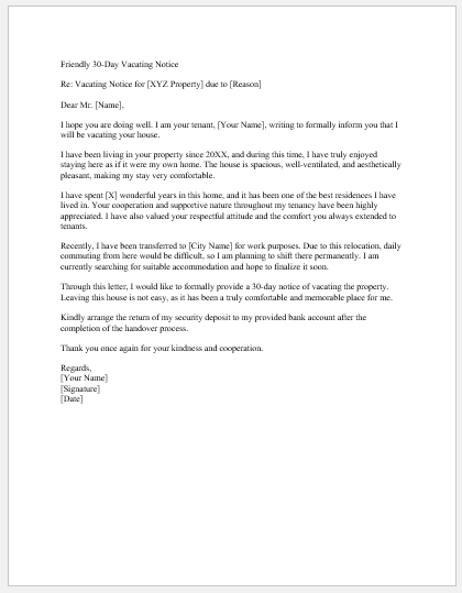 Friendly 30-day notice to landlord