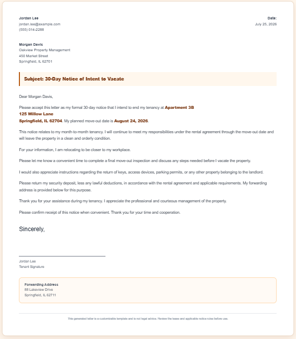 Friendly 30-day notice to landlord
