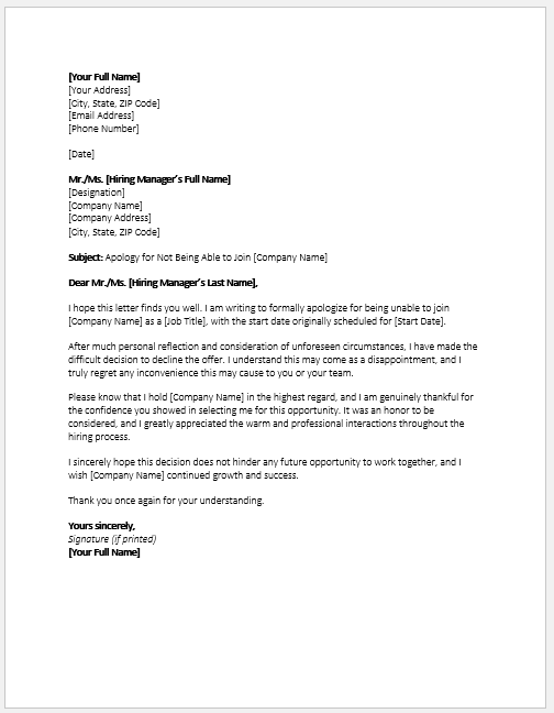 Letter Apologizing for Unable to Join the Company