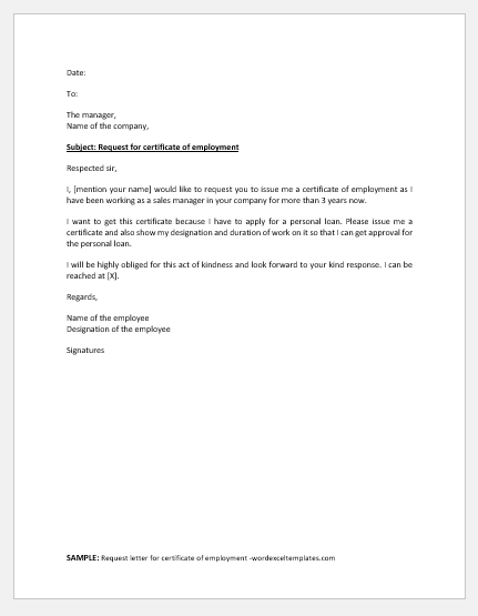 Request letter for certificate of employment