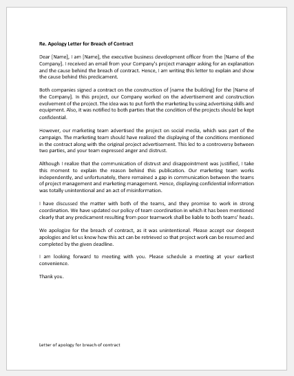 Letter of apology for breach of contract