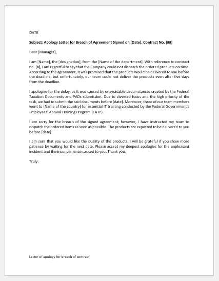 Letter of apology for breach of contract