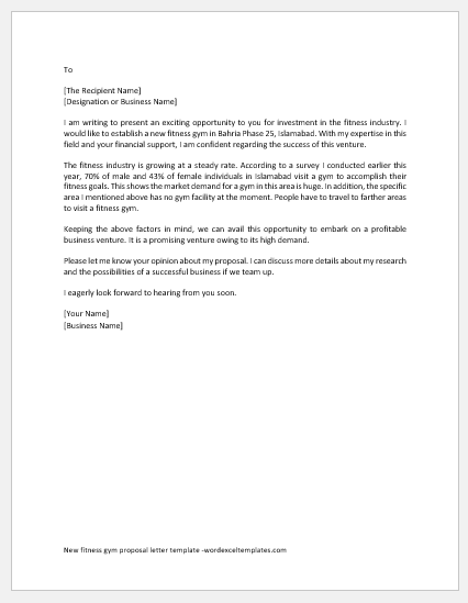 New fitness gym proposal letter template