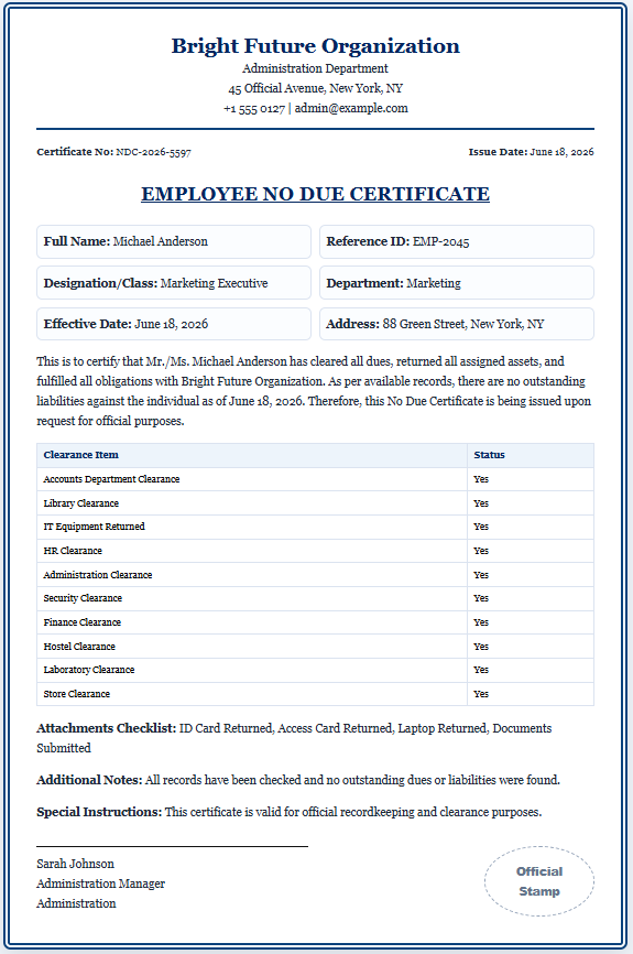 No Due Certificate Letter Generator