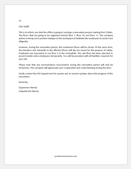 Office renovation announcement letter to employees