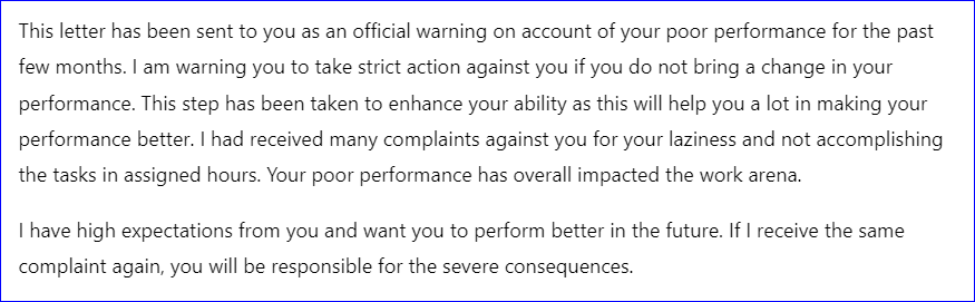 Reprimand Letter to Employee for Continued Poor Performance