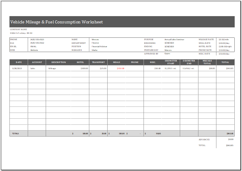 Vehicle Mileage & Fuel Consumption Worksheet