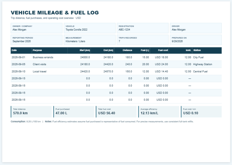 Vehicle Mileage and Fuel Consumption Log Template