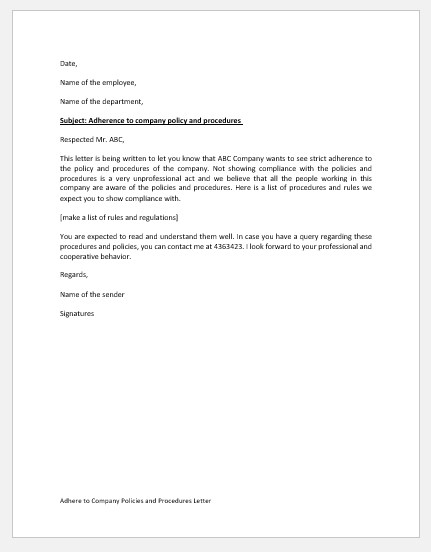 Adhere to Company Policies and Procedures Letter
