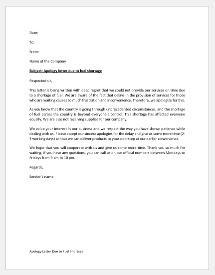Apology Letter Due to Fuel Shortage
