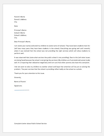 Complaint Letter about Public School Service