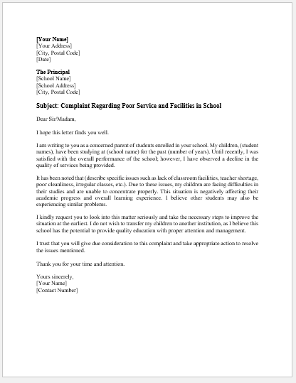 Complaint letter about public school service