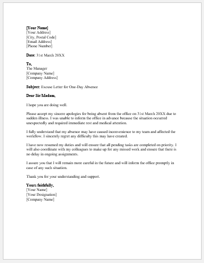 Excuse Letter for Missing a Day at the Office