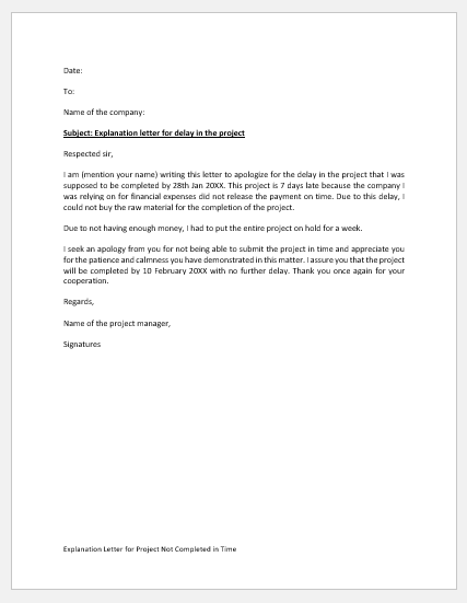 Explanation Letter for Project Not Completed in Time