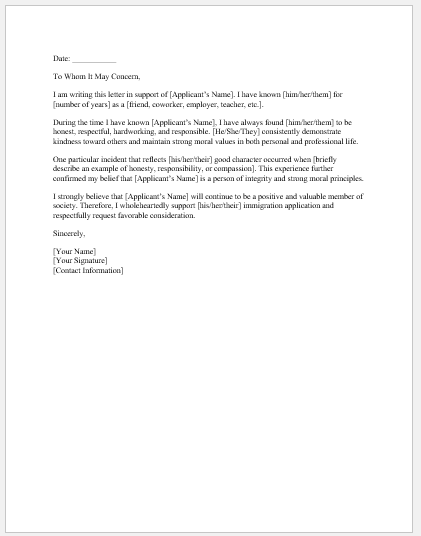 Good Moral Character Letter for Immigration