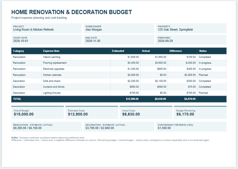 Home Renovation and Decoration Budget Template