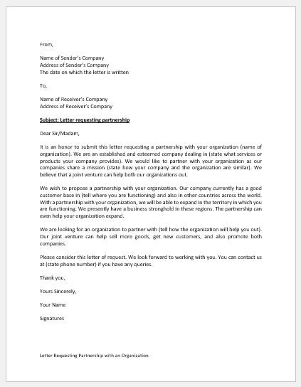 Letter Requesting Partnership with an Organization