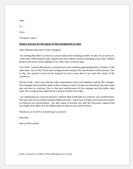 Letter of Concern for Effect of Poor Management on Sales