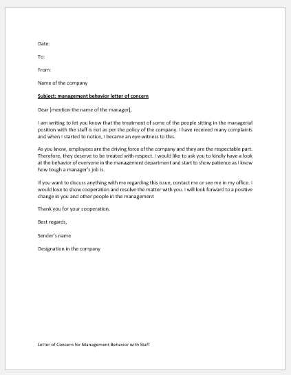 Letter of Concern for Management Behavior with Staff