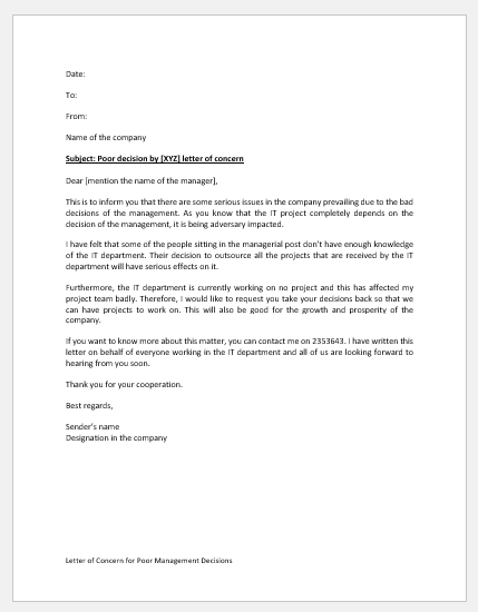 Letter of Concern for Poor Management Decisions