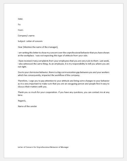 Letter of Concern for Unprofessional Behavior of Manager