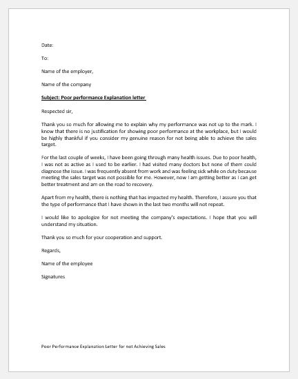 Poor Performance Explanation Letter for not Achieving Sales