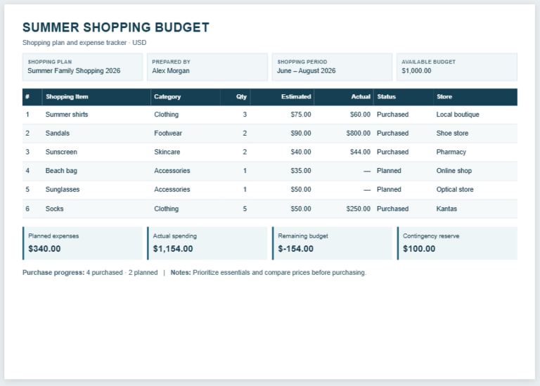Summer Shopping Budget Worksheet Template