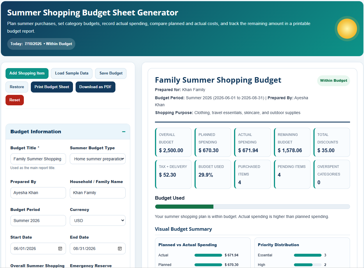 Summer Shopping Budget Worksheet Template