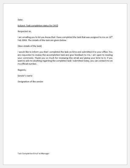 Task Completion Email to Manager
