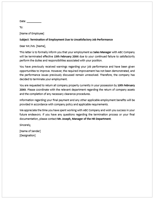 Termination Letter for Failure to Perform Job Duties