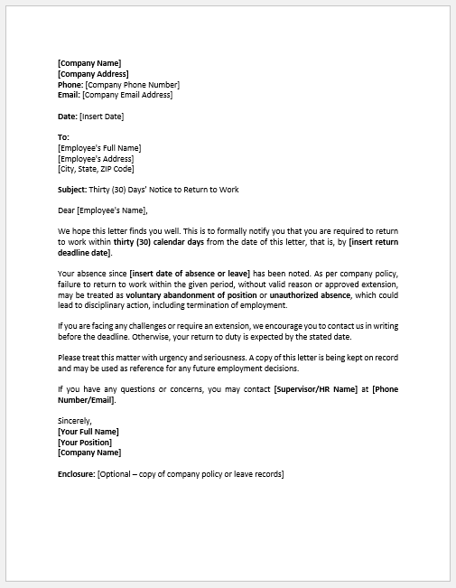Thirty Days’ Notice to Employee to Return to Work