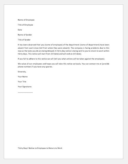 Thirty Days’ Notice to Employee to Return to Work