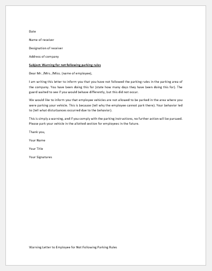 Warning Letter to Employee for Not Following Parking Rules