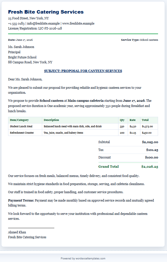 Canteen Services Proposal Letter