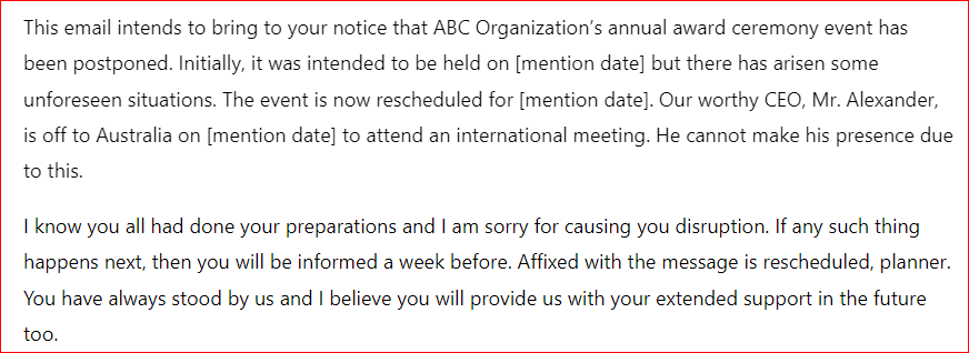 Email to reschedule an event
