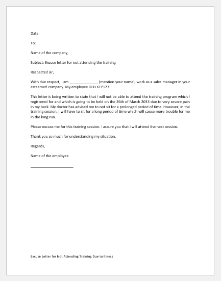 Excuse Letter for Not Attending Training Due to Illness
