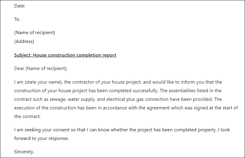 House construction project completion report letter