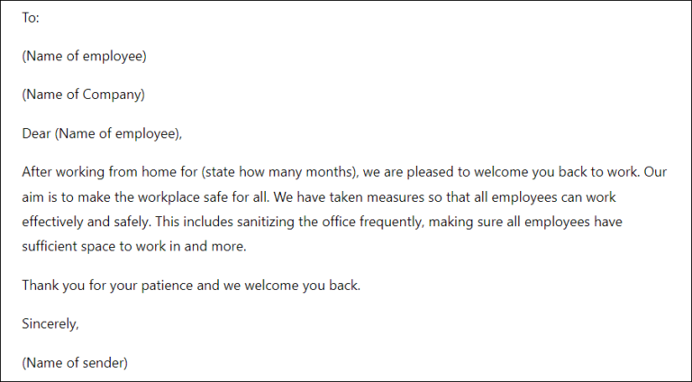 Letter Inviting Employee Back to Office after Working from Home