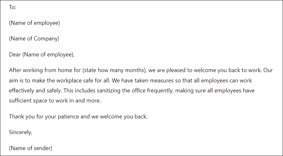 Letter Inviting Employee Back to Office after Working from Home