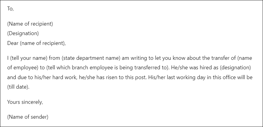 Letter Transferring Employee to Another Branch