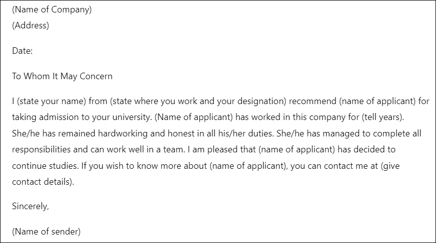 Letter of Recommendation from Employer for Higher Studies