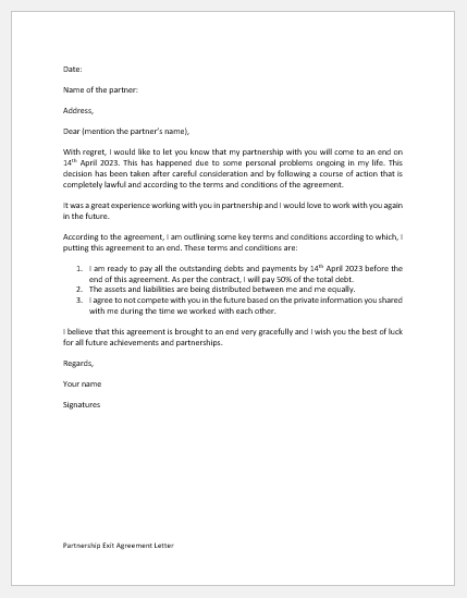 Partnership Exit Agreement Letter