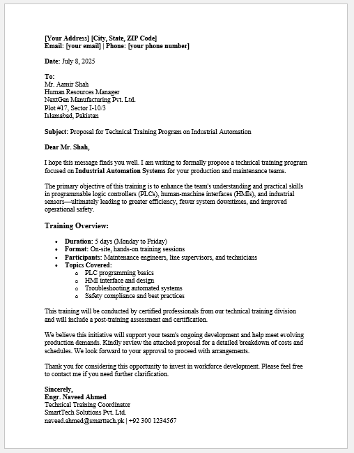 Technical Training Proposal Letter