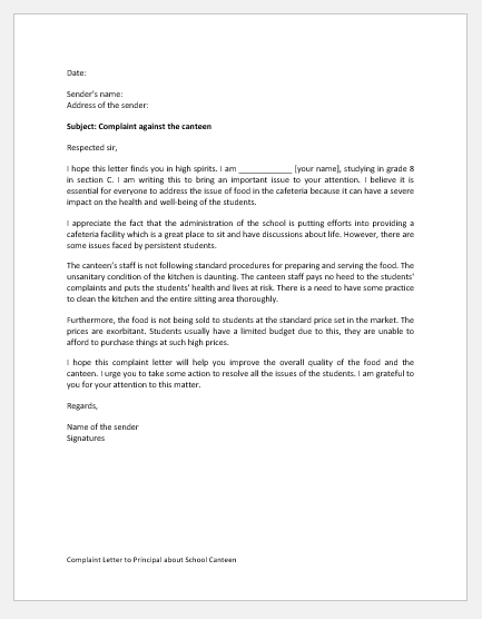 Complaint Letter to Principal about School Canteen