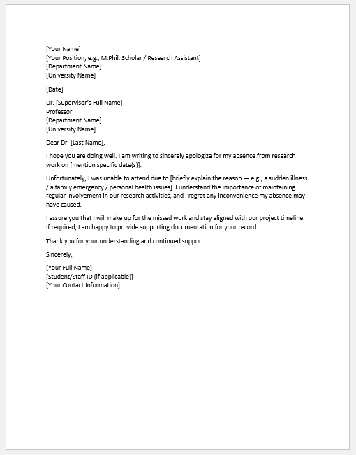 Letter to Research Supervisor for an Absence Excuse