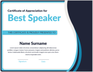 Certificate of Appreciation to Best Speaker