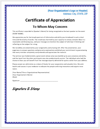 Certificate of Appreciation for guest speaker